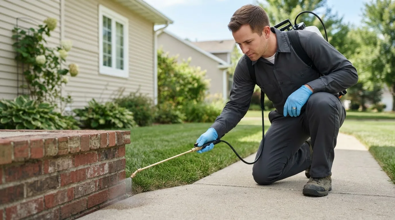 Pest control technician treating a home near North Carrollton, MS